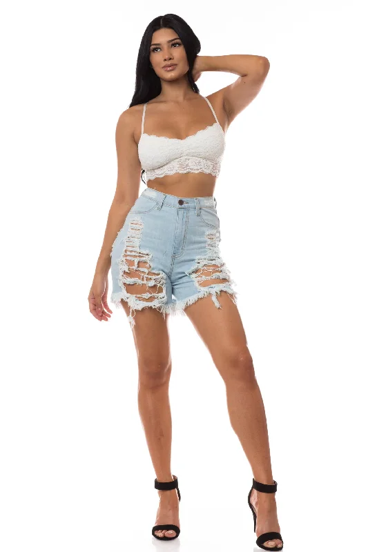 6113F Super High Waisted Distressed Shorts with Cut Outs