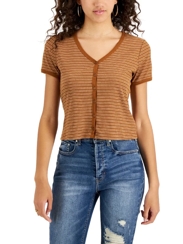 Women's Striped Ribbed V-Neck Shirt,Brown