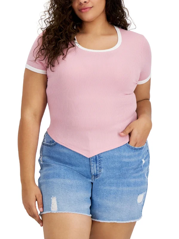 Women's Asymmetrical-Hem Ringer Ribbed T-Shirt,Pink