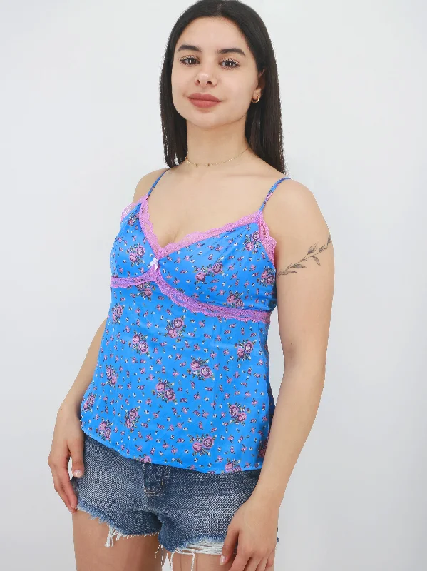 Women's Lace Trim Floral Printed Sleepwear Satin Top,Blue