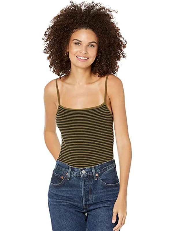 Women's Striped Sleeveless Bodysuit Top,Olive