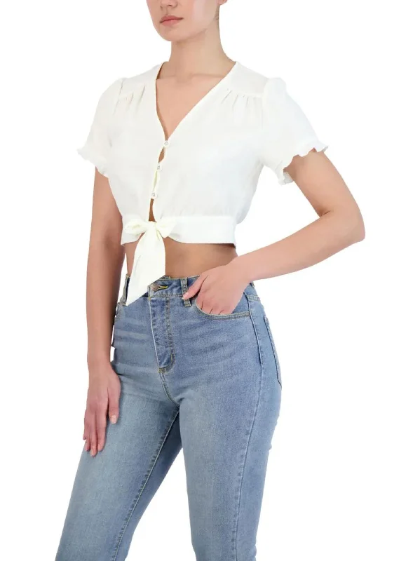 Women's Button Closure Crop Casual Top,Off White