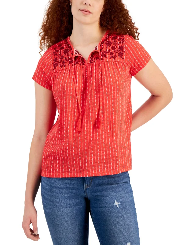 Women's Floral Embroidered Top,Red