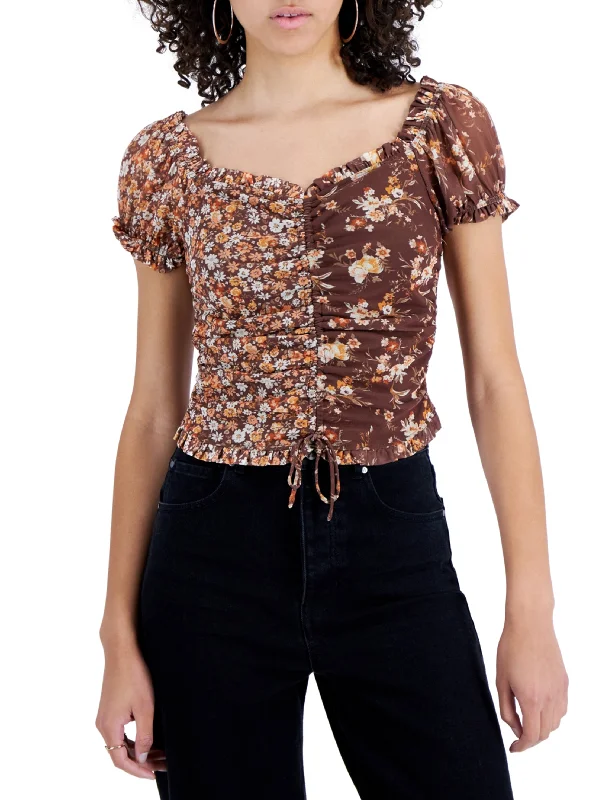 Women's Floral Printed Ruched Top,Brown