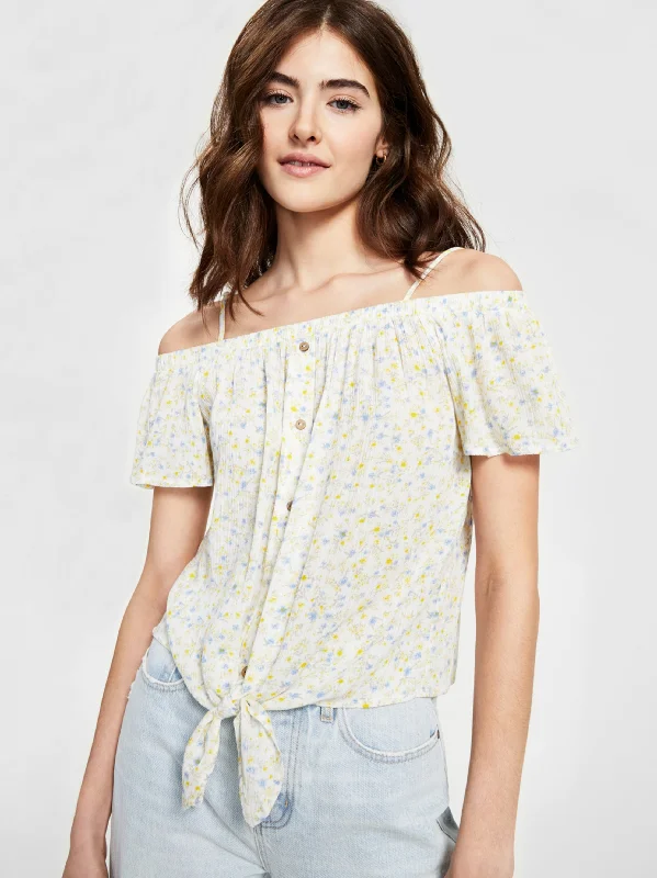 Women's Floral-Print Cold Shoulder Top,White