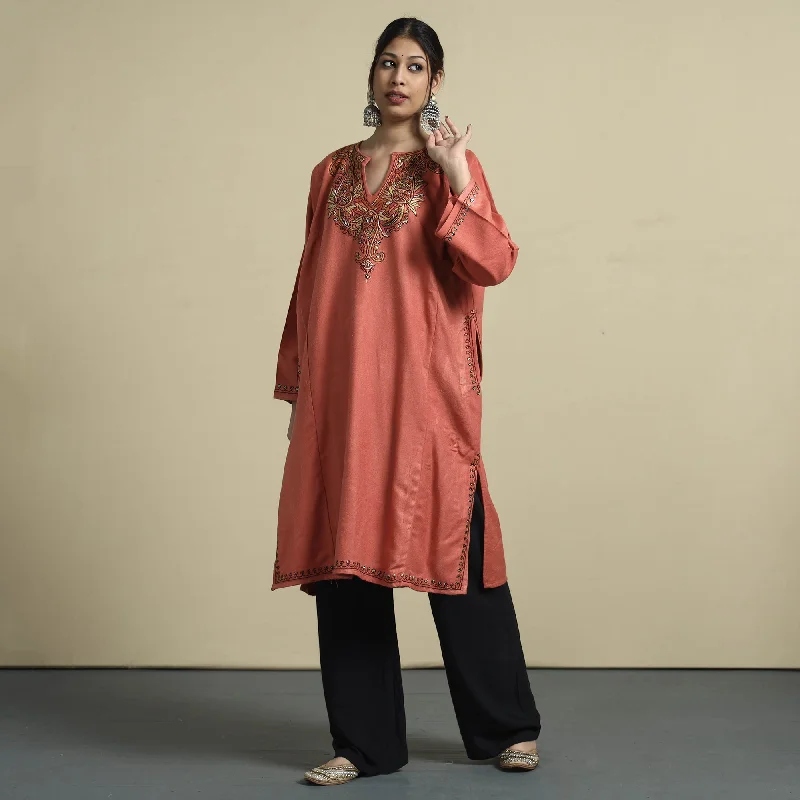 Peach - Sozni Embroidery Kashmiri Cashmilon Wool Pheran Refined Women's 