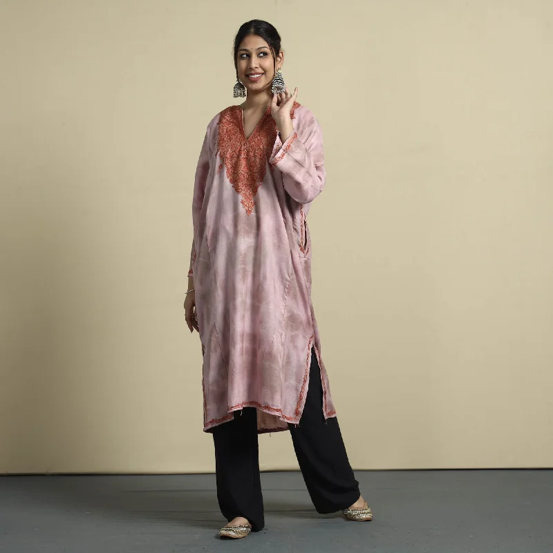 Pink - Shibori Tie-Dye Aari Embroidery Kashmiri Wool Pheran Bold Women's Statement