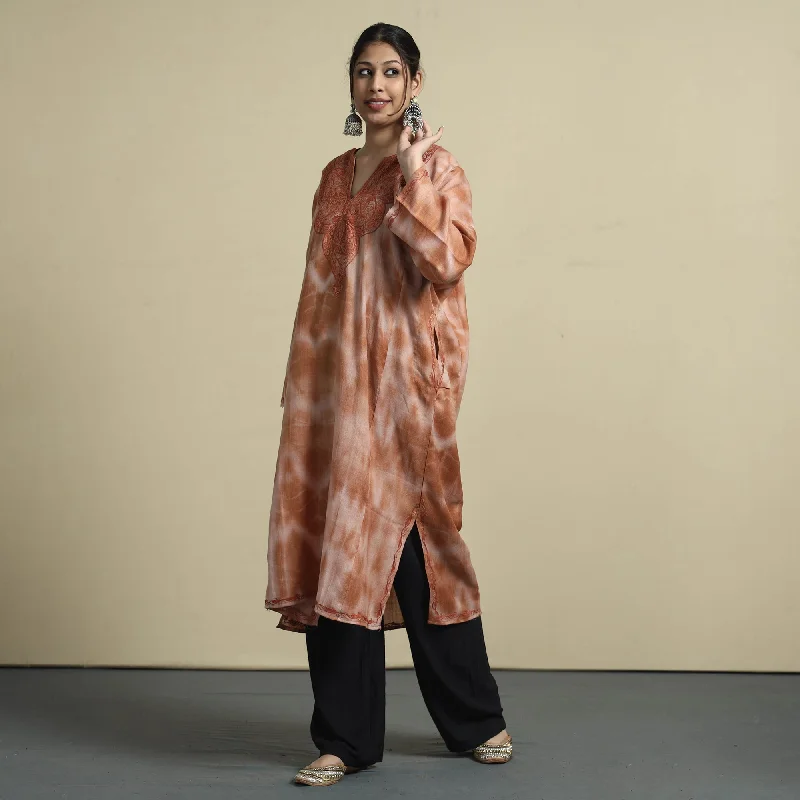 Brown - Shibori Tie-Dye Aari Embroidery Kashmiri Wool Pheran Dynamic Women's Moto