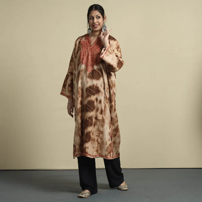 Brown - Shibori Tie-Dye Aari Embroidery Kashmiri Wool Pheran Scandinavian