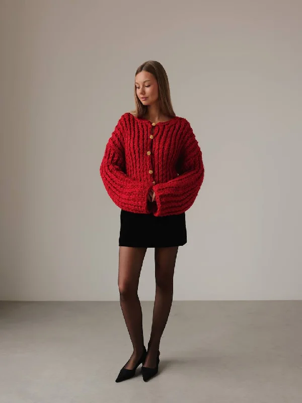 Chunky Red Knit Sweater with Gold Button Details