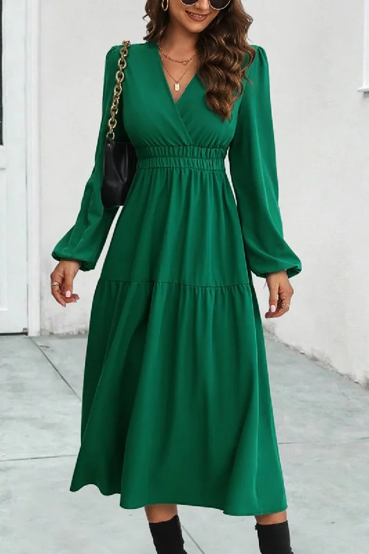 WOMEN ELASTIC WAIST V NECK LONG SLEEVE MAXI DRESS