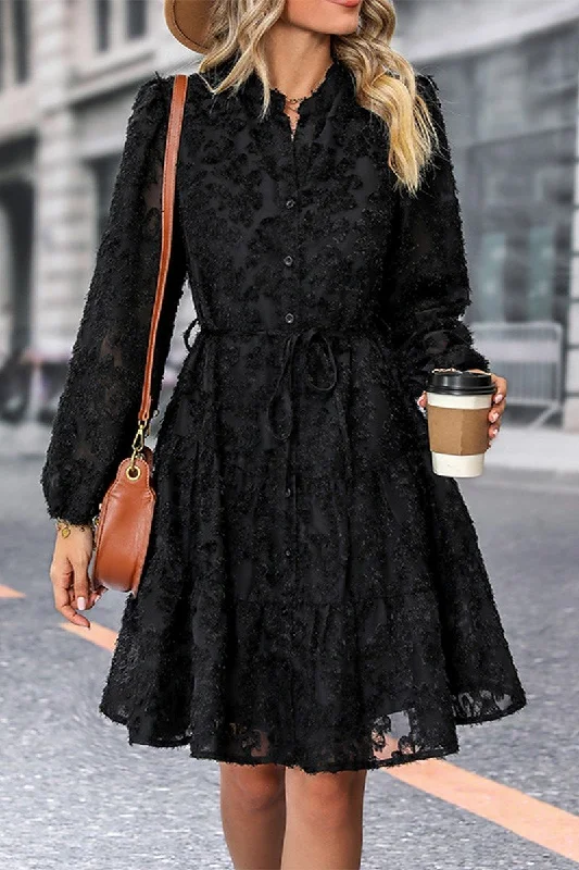 WOMEN ELEGANT LACE TRIM LAYERED BUTTON DOWN DRESS Modern Women's 