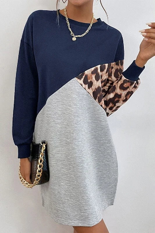 WOMEN LEOPARD COLOR BLOCK LONG SLEEVE COZY DRESS Bold Women's Animal Print