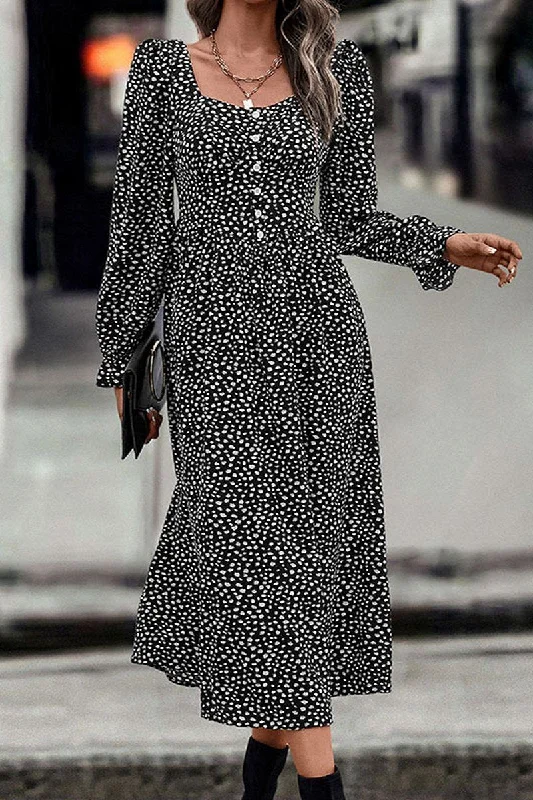 WOMEN DEEP SQUARE NECK LONG SLEEVE PATTERN DRESS Trendy Women's Oversized