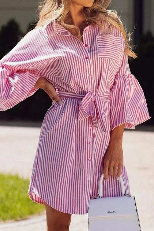 WOMEN PUFF SLEEVE STRIPE PINK SHIRTS DRESS Artistic Women's Avant - 