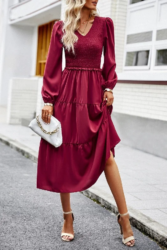 WOMEN SMOCKED LONG SLEEVE TIERED CAKE FLOWY DRESS