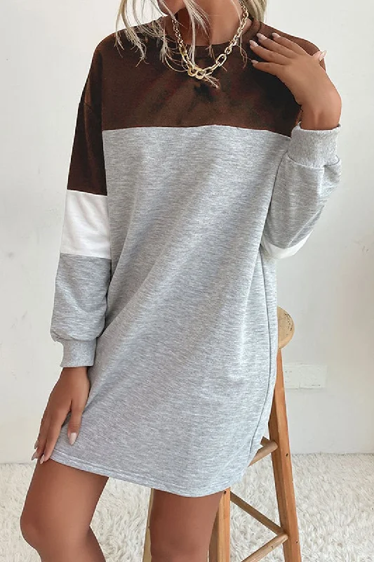 WOMEN LONG SLEEVE COLOR BLOCK COZY SHOR DRESS