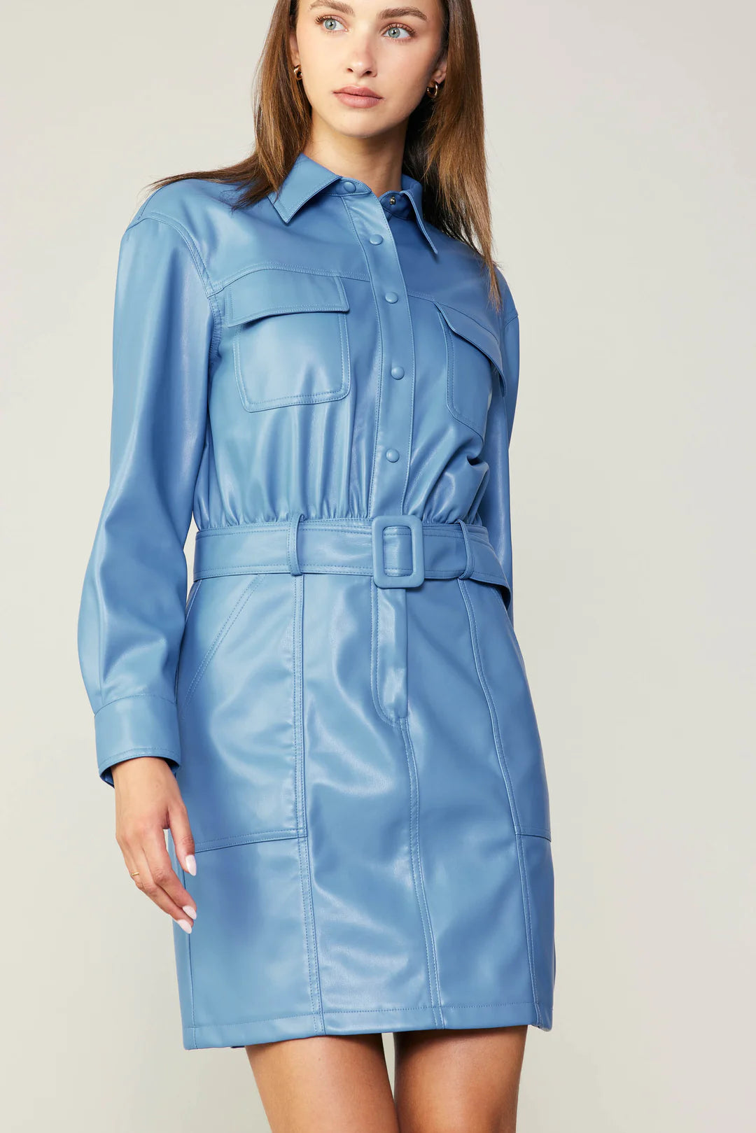 Vegan Leather Blue Belted Dress Dapper Women's 1920S