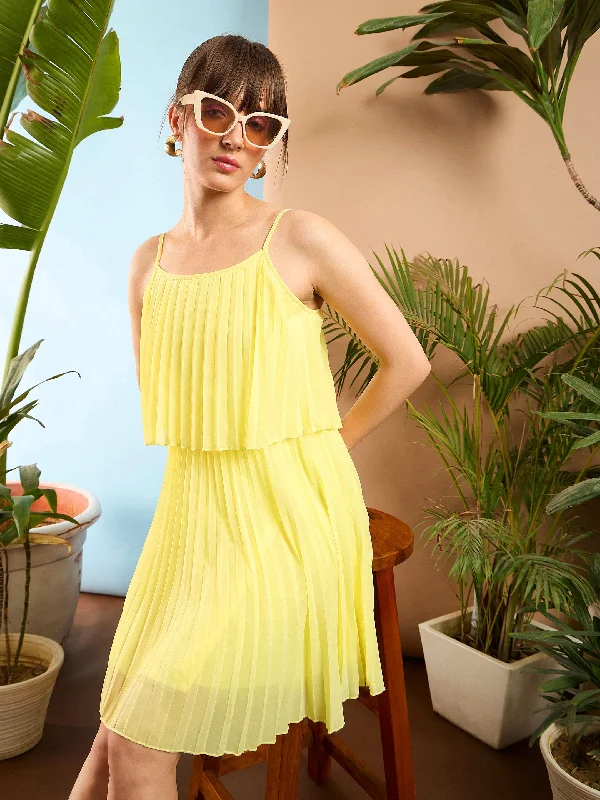 Women Lemon Pleated Short Strappy Skater Dress Stylish Women's Tropical 