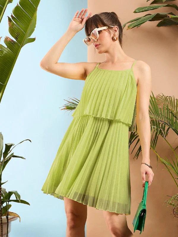 Women Mint Green Pleated Short Strappy Skater Dress Luxurious Women's High -  end