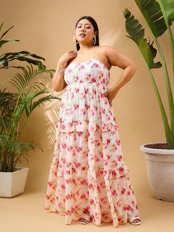 Women White & Pink Floral Strappy Maxi Dress