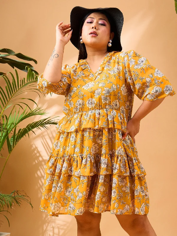 Women Yellow Floral Printed Frill Short Dress