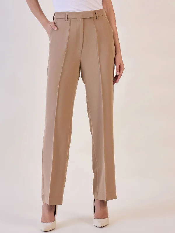 Brown Straight Fit High Waist Pin Tuck Trouser Sporty Women's Athleisure 