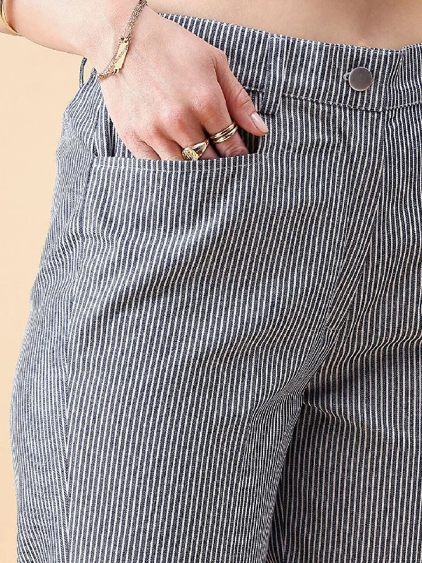 Denim Stripe Mid Waist Straight Trouser - Navy White