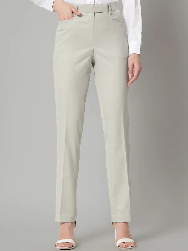 Slim Fit Poly Cotton Mid Waist Formal Trouser - Sage Green