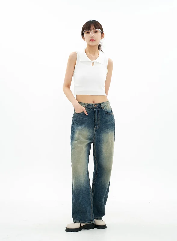 Bleached Wide Leg Denim Pants CA07