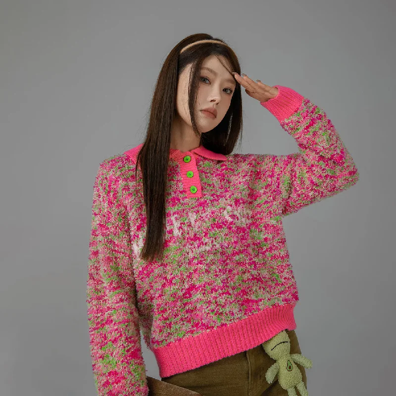 Stuck With Me Printed Button Collar Knit Sweater