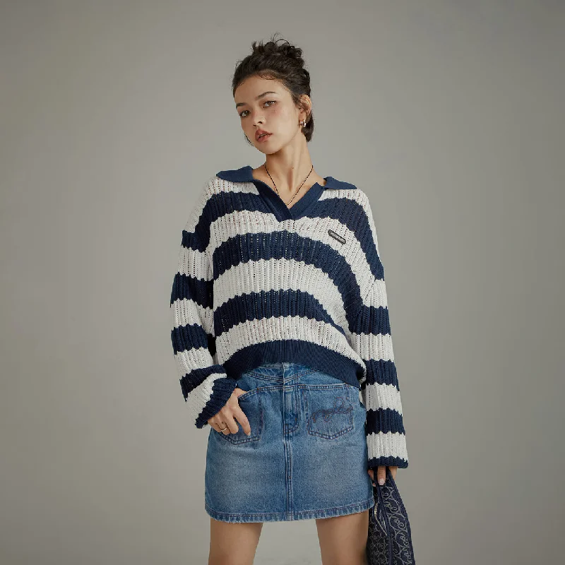 Color Combination Stripe Open Collar Knit Sweater