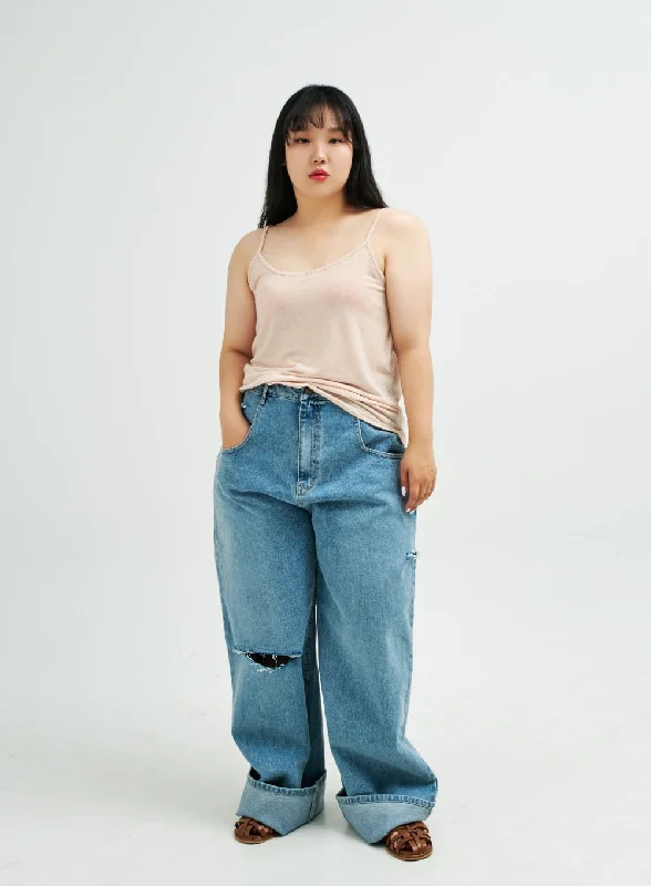 Plus Distressed Wide Leg Denim Pants IY24