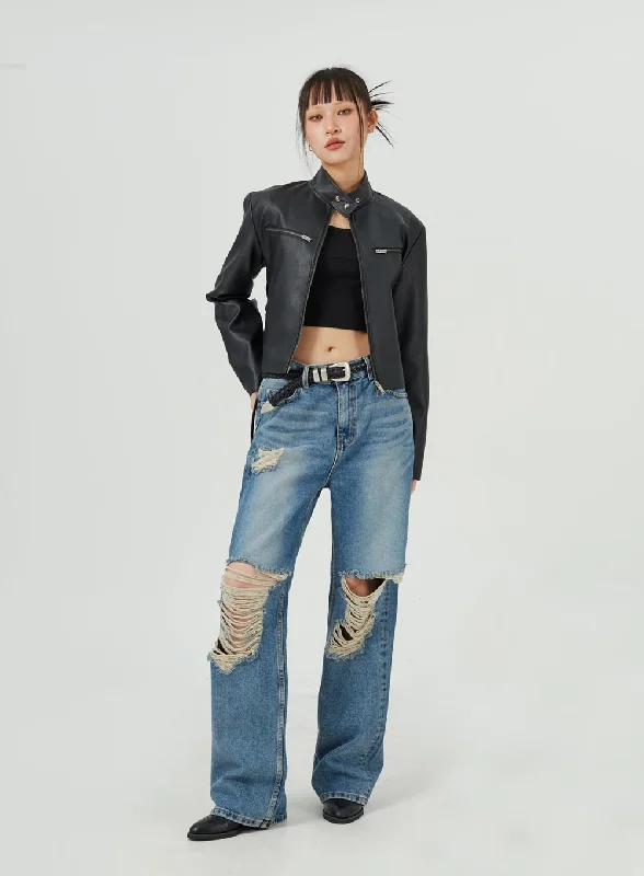Ripped Wide Leg Jeans CM317 Athletic Women's High - 
