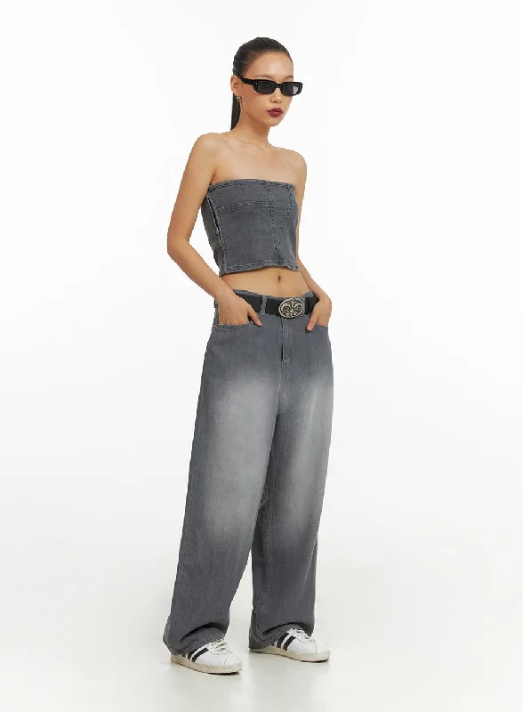 Washed Baggy Jeans IY422 Feminine Women's Soft 