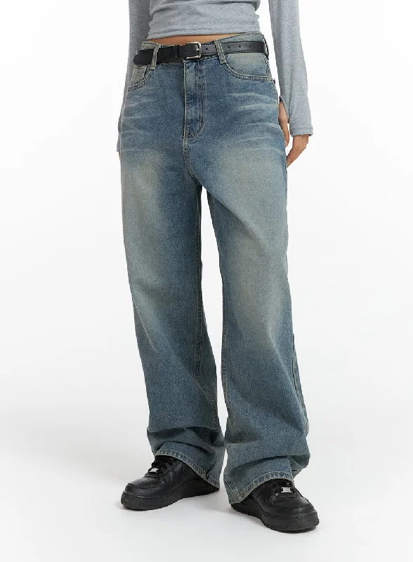 Washed Denim Wide-Leg Jeans CF419 Elegant Women's Formal 